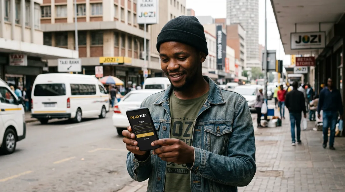 South African man using an Android phone with a betting app login screen in black and gold, Johannesburg-style street background