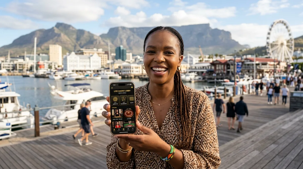 South African woman holding an iPhone with live casino lobby UI in black and gold, Cape Town waterfront in the background