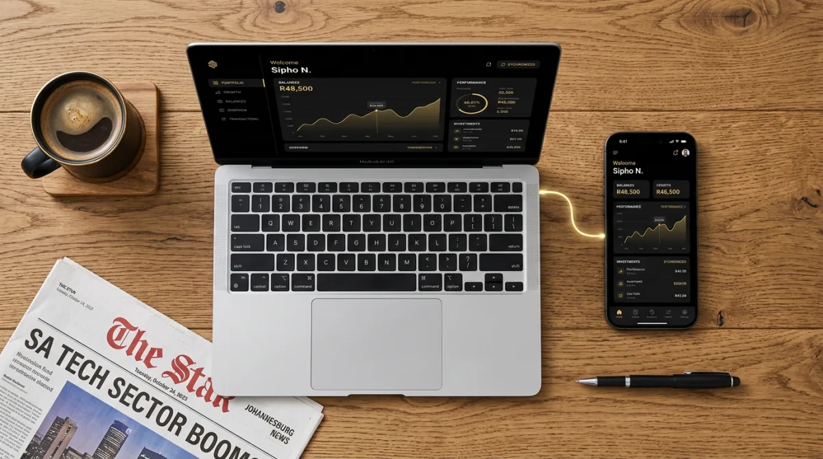 Laptop and smartphone on a desk showing matching account dashboards in black and gold, newspaper and coffee cup