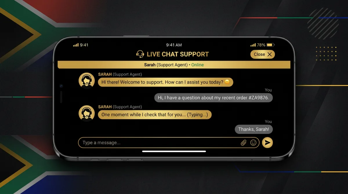 Smartphone with live chat support interface in black and gold
