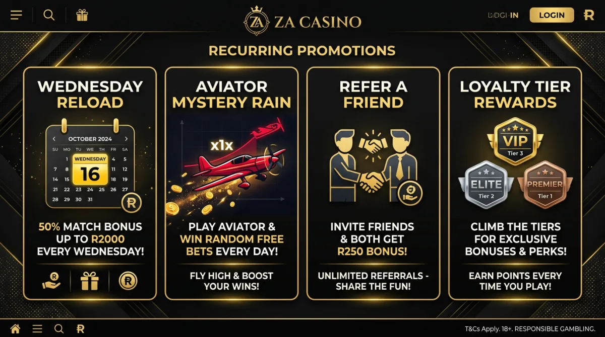 Recurring promotions collage: Wednesday cashback, Aviator, refer a friend and loyalty tiers in black and gold