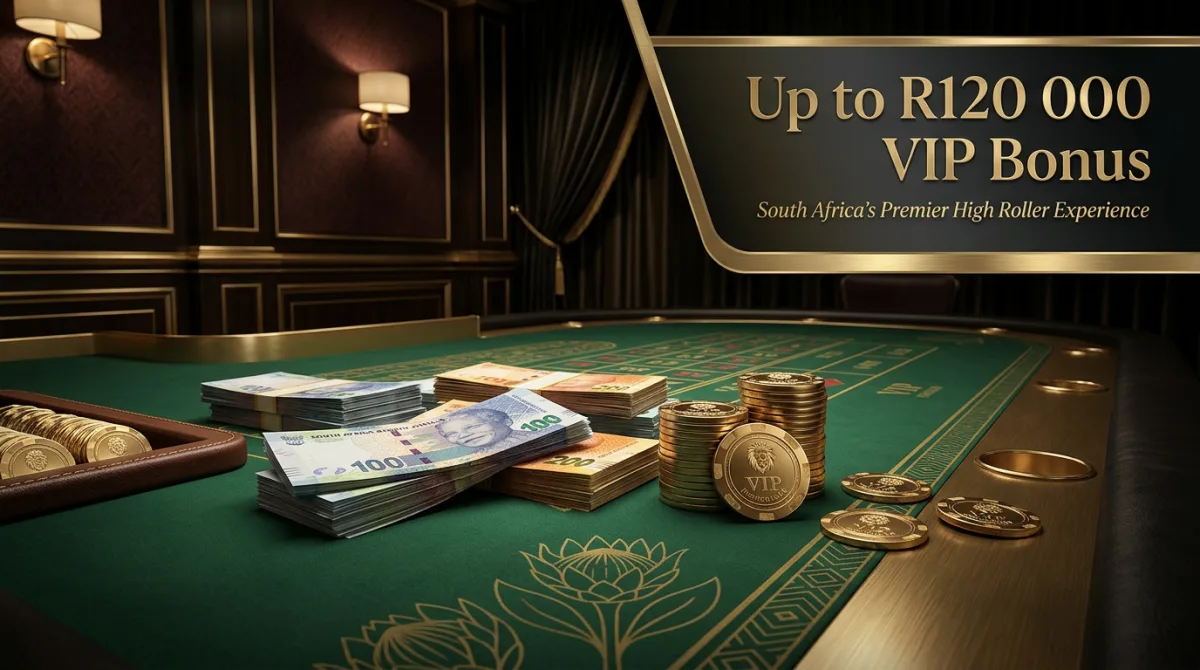VIP highroller bonus scene with ZAR banknotes and golden chips on a premium casino table