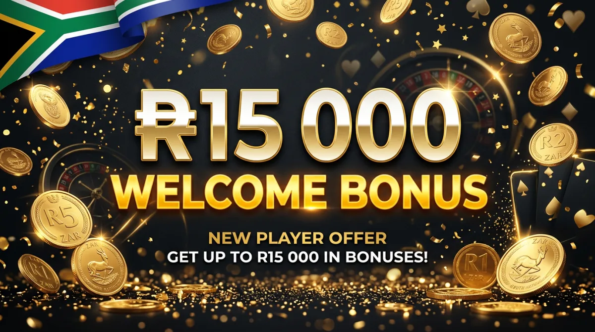 Jabula Bets welcome bonus banner in black and gold with R15 000 welcome bonus text, coins and confetti