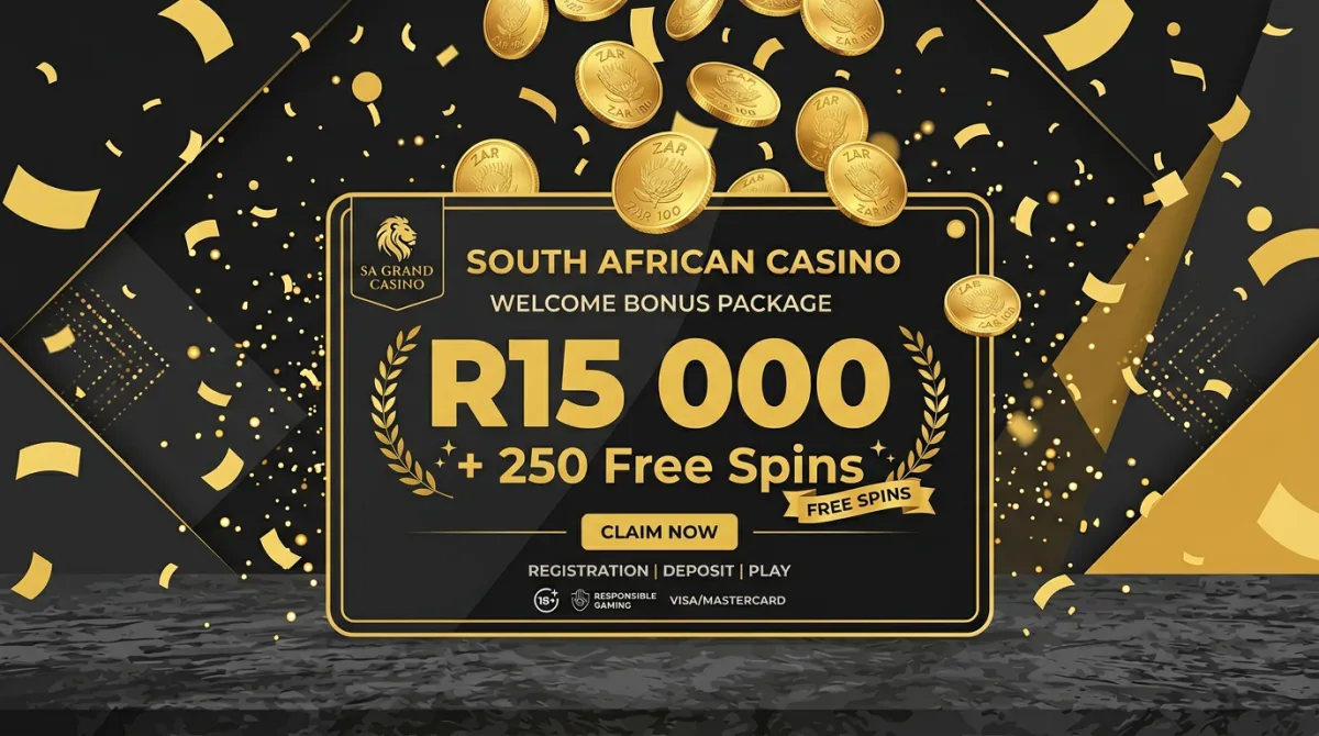 Welcome bonus concept with ZAR coins and bonus card in black and gold