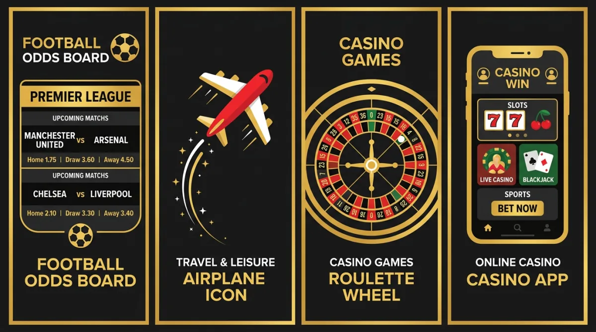 Overview collage: sports odds, Aviator plane, roulette wheel and mobile app in black and gold