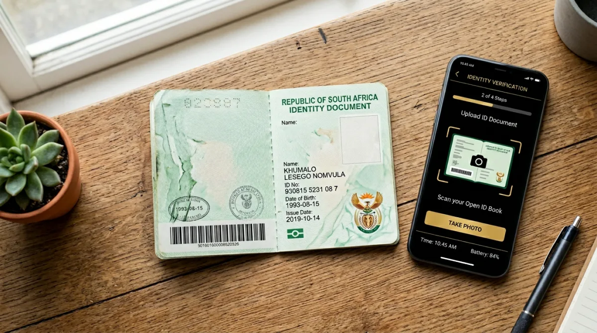 South African ID book next to a smartphone showing document upload for KYC verification