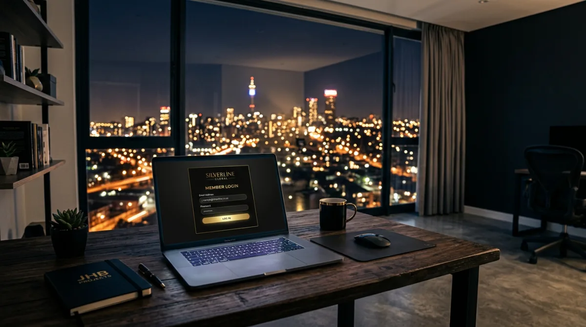 Laptop showing login form in black and gold in a home office with city lights through the window at night