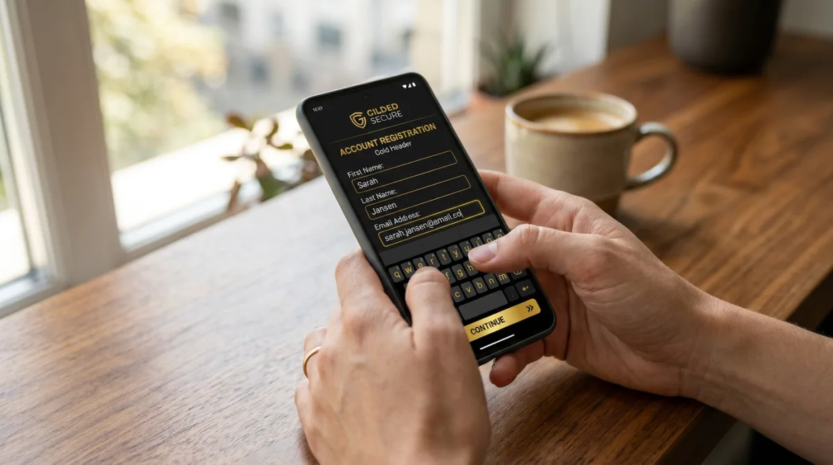 Hands typing on a smartphone completing an online registration form, black and gold app UI on screen