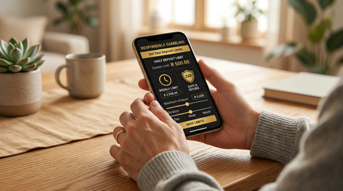 Responsible gambling: setting deposit limits on a phone app with clock and shield icons