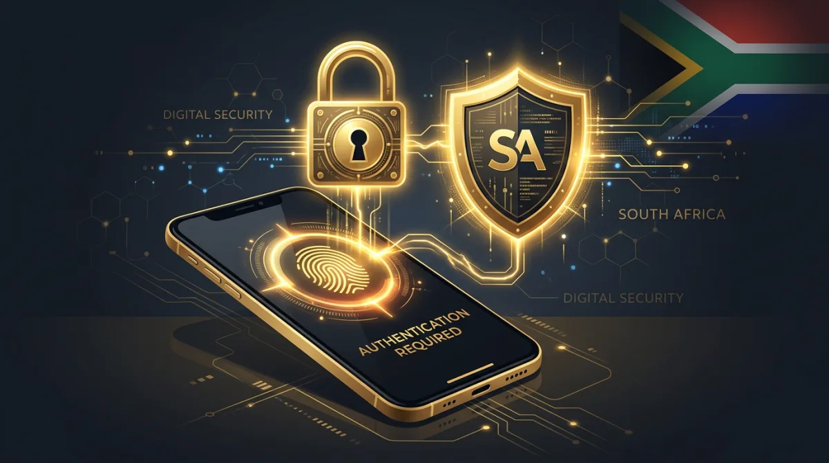 Digital security concept: smartphone with fingerprint, padlock and shield icons in gold on dark background