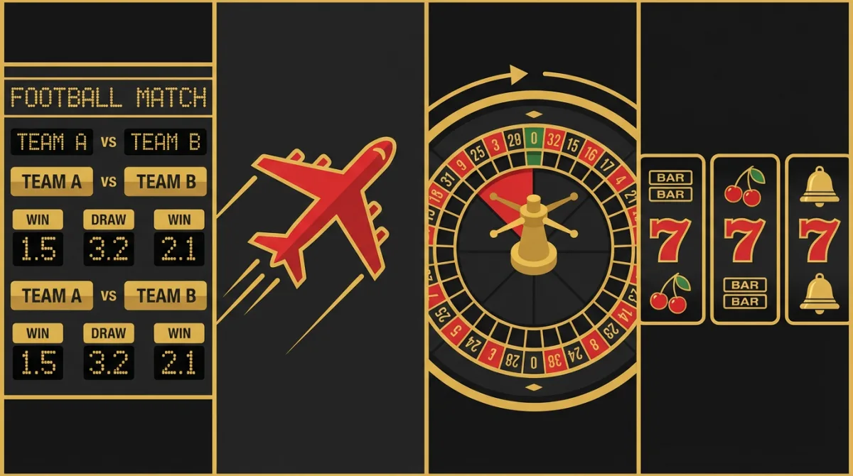 Four-panel banner: football odds board, red airplane, roulette wheel and slot machine reels on black and gold background