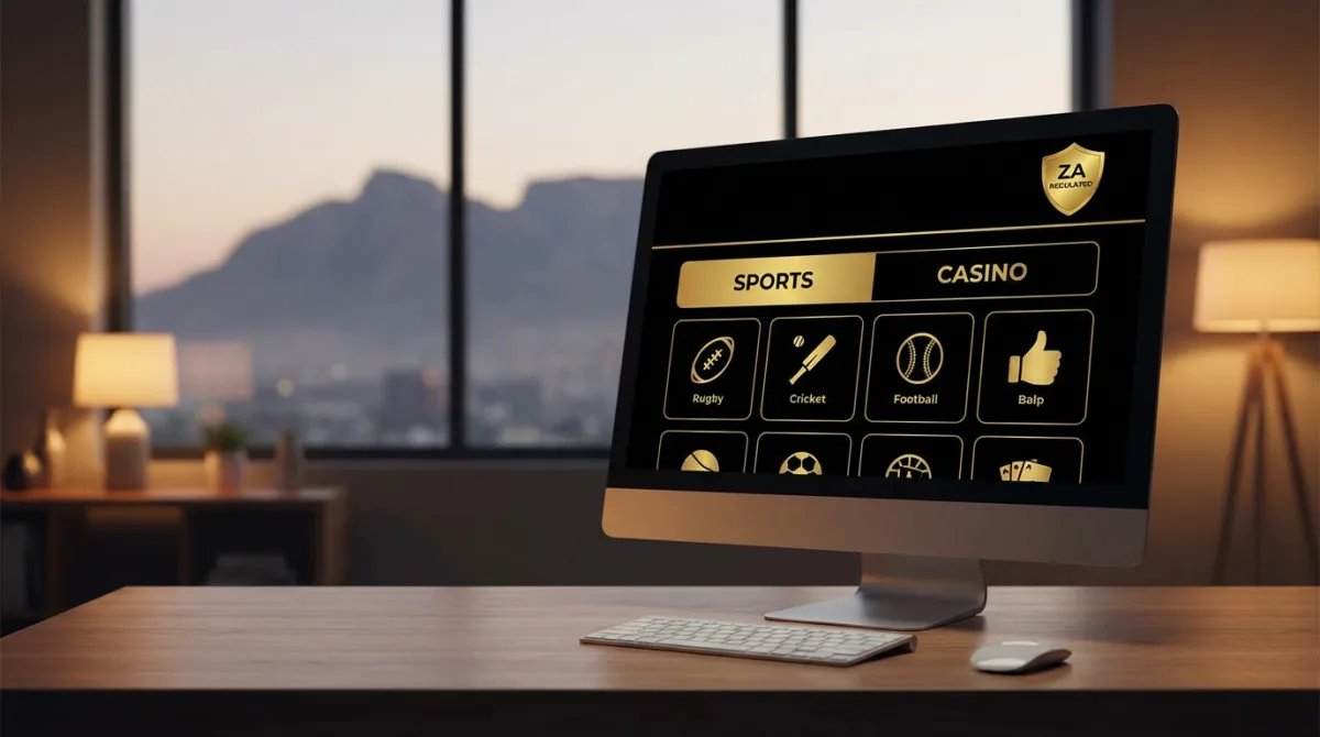 Desktop monitor showing a licensed South African betting and casino site UI in black and gold, Table Mountain blurred in the background
