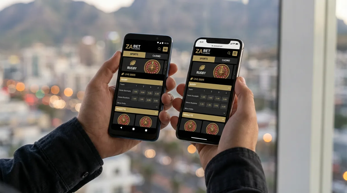 Hands holding Android and iPhone showing a sports and casino app in black and gold, city skyline bokeh in the background