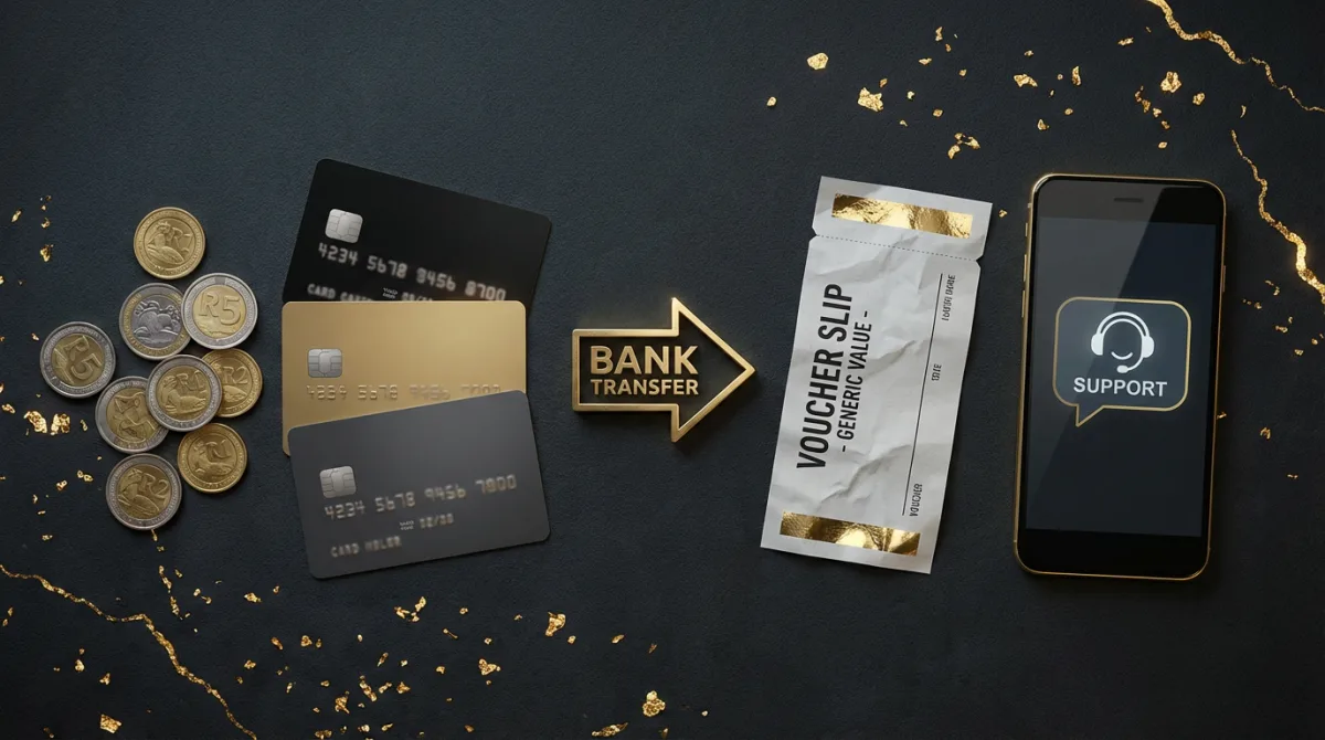 Flat lay of bank cards, rand coins, bank transfer arrow, voucher slip and support chat smartphone on dark surface with gold highlights