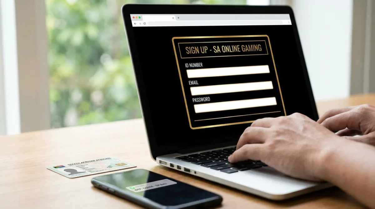 Laptop with sign-up form in black and gold, South African ID card and smartphone with OTP on a wooden desk