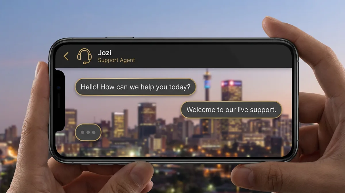 Smartphone with live chat support window in black and gold, city skyline in the background