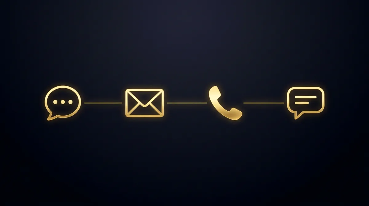 Communication icons: chat, email, phone and messages in gold on dark background