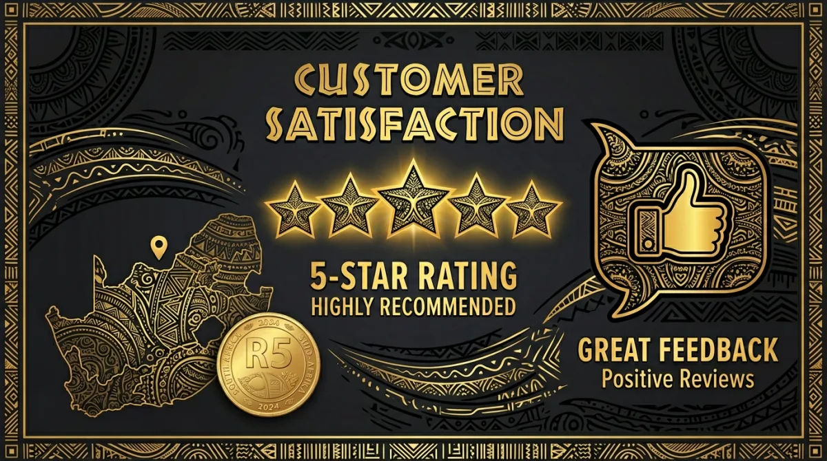 Five gold stars, thumbs-up and customer satisfaction concept in black and gold