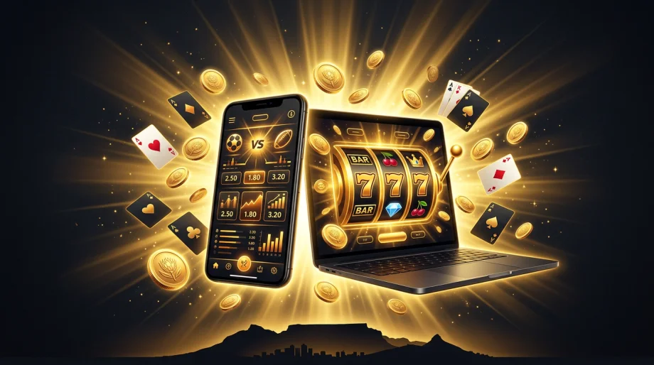 Jabula Bets casino and sports betting — smartphone and laptop with gold coins and Table Mountain silhouette